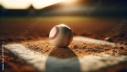 A pristine baseball resting on the dusty pitcher's mound just touching the white chalk of the baseball diamond's boundary. The focus is on the ball photo