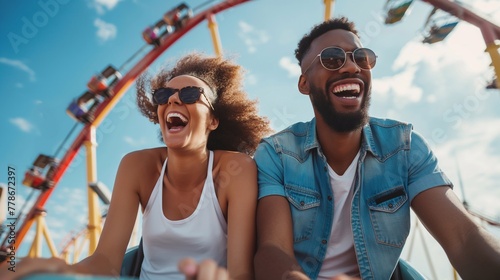 fun entertainment in an amusement park for people who want to throw out their emotions. happy cheerful black couple laughs and screams on the rides © Daria Lukoiko