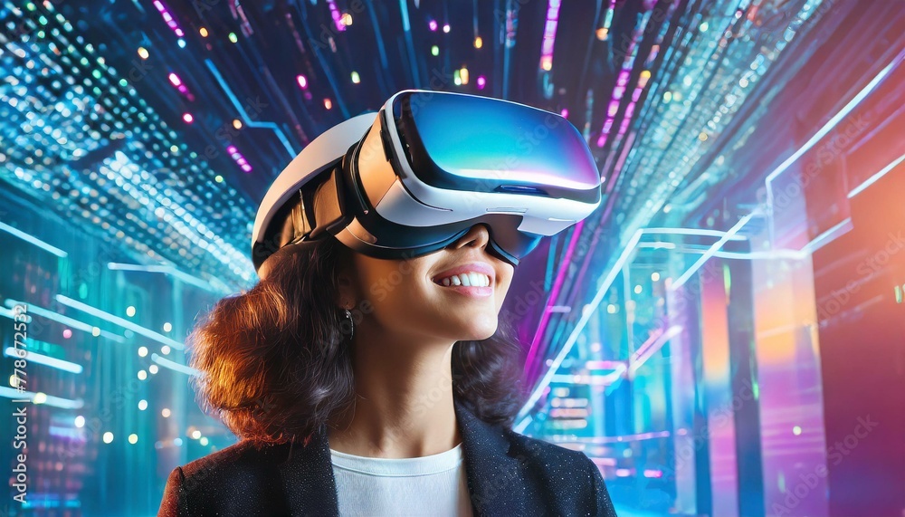3D Visionary: Woman Embracing VR Innovation in Neon Background 3D Visionary: Woman Embracing VR Innovation in Neon Background