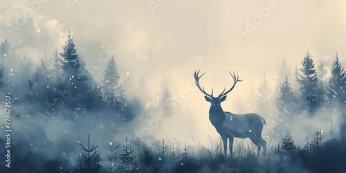 Majestic Stag Standing Alert in Misty Forest Antlers Crowned in Morning Light