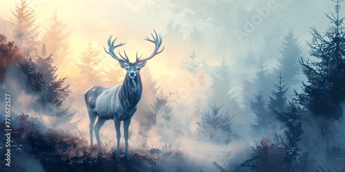 Majestic Stag Standing Alert in the Misty Forest with Copy Space for Creative Concepts and Imaginative Artwork © Thares2020