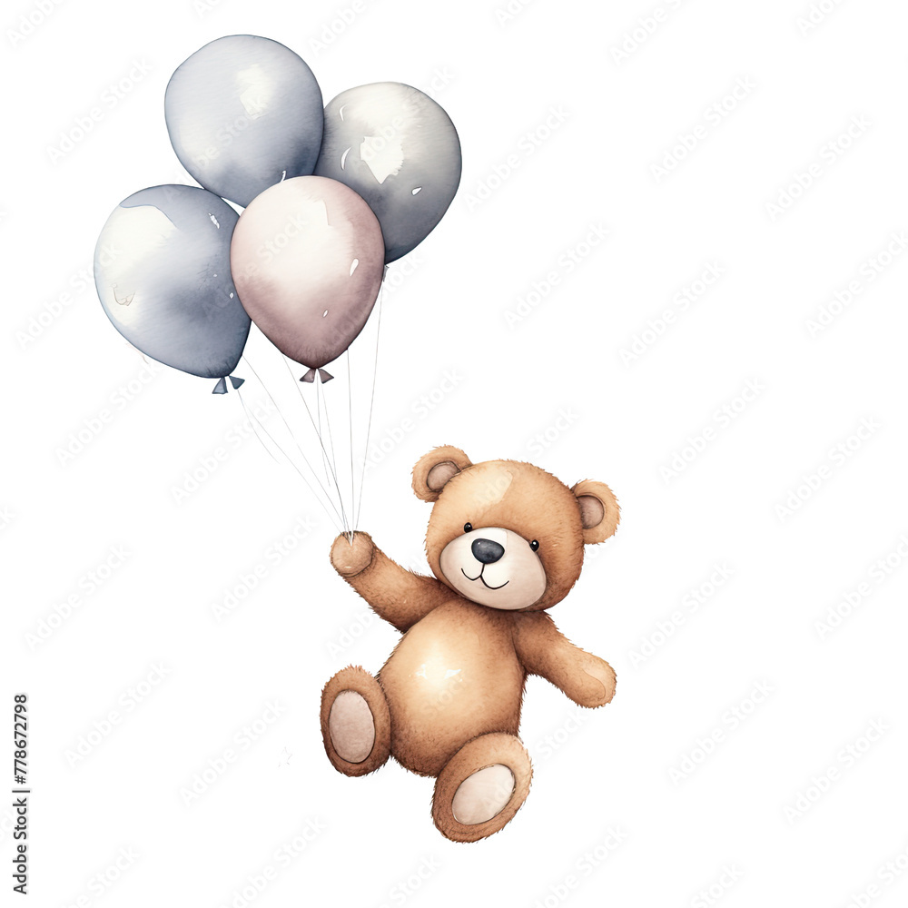 AI-generated watercolor cute Teddy bear with balloons clip art illustration. Isolated elements on a white background. AI-generated watercolor cute Teddy bear with balloons clip art illustration. Isolated elements on a white background.
