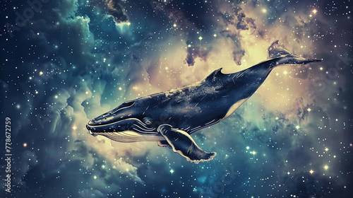 Whale navigating through the heavens, surrounded by twinkling stars in a hand-painted watercolor style, set against a night sky background.