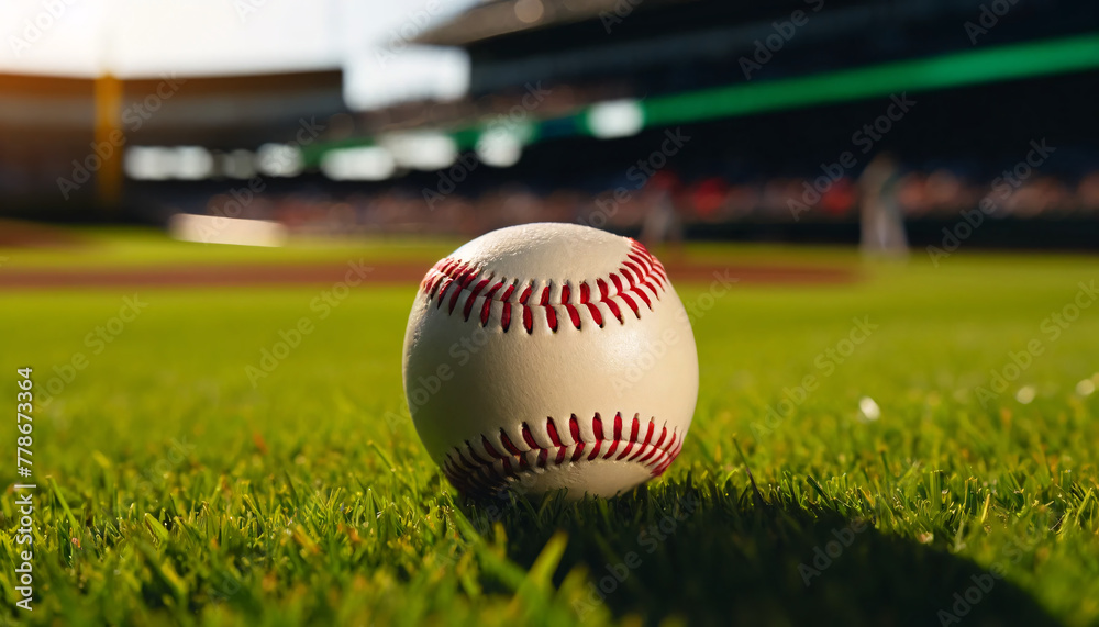 A single baseball with red stitching prominently placed on a lush, green grass field. The lighting suggests a sunny day with the shadow of the ball A single baseball with red stitching prominently placed on a lush, green grass field. The lighting suggests a sunny day with the shadow of the ball