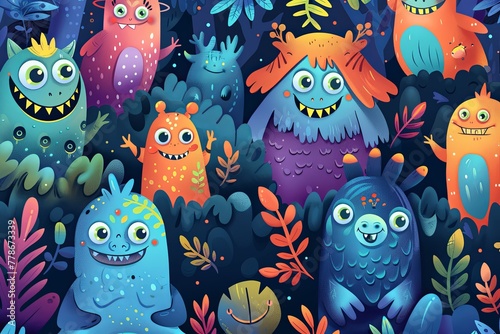 A joyous pattern filled with whimsical monsters in a magical forest