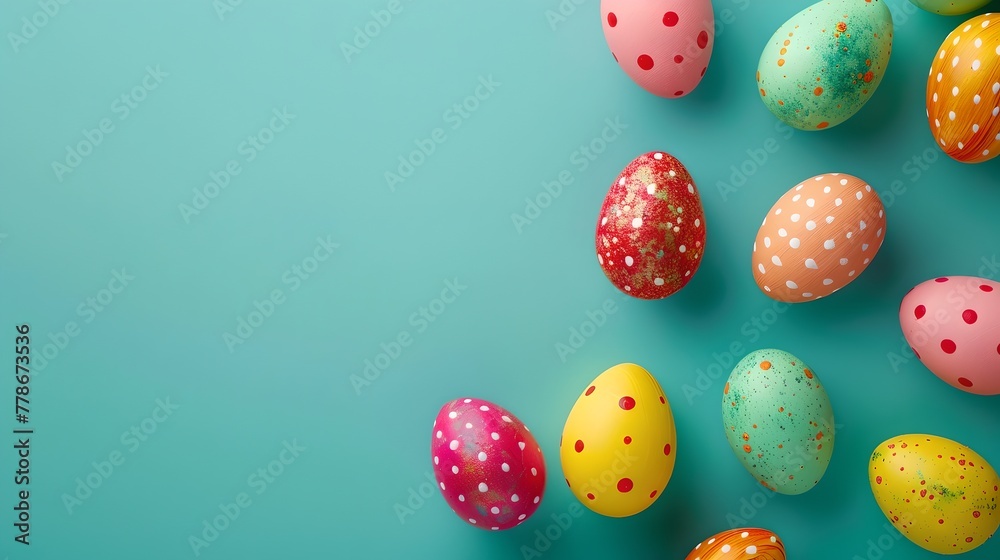 Colorful Easter Eggs on a Vibrant Blue Background, Perfect for Festive Holiday Designs. Celebratory Image with Space for Text. AI