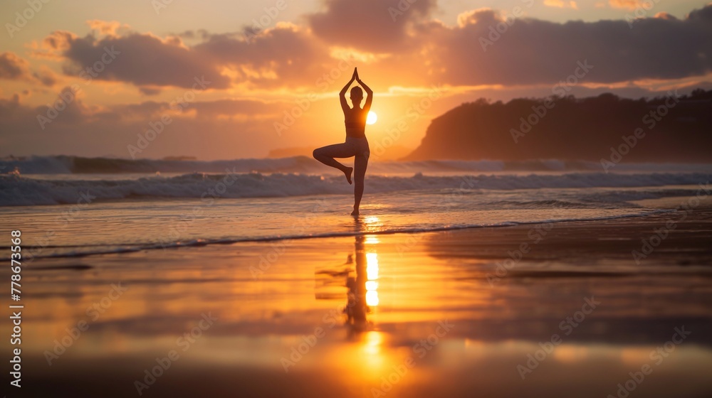 girl doing yoga on the ocean at sunset. female figure silhouette against the background of the sunny golden color of the setting sun stands on the waves on the beach in a pose