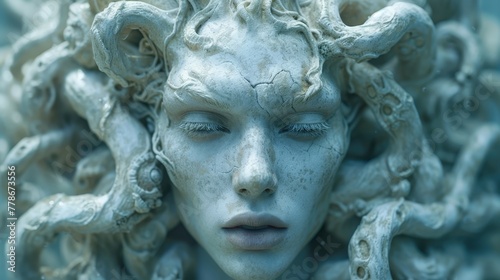 a close up of a statue of a woman's face with a bunch of snakes on her head and eyes.