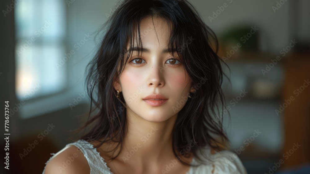 a close up of a person with a white shirt and a black hair and a white shirt and a window in the background. a close up of a person with a white shirt and a black hair and a white shirt and a window in the background.