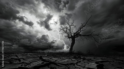 A dramatic black and white image capturing a solitary tree and a lightning bolt, set against the tumultuous sky over cracked desert land.