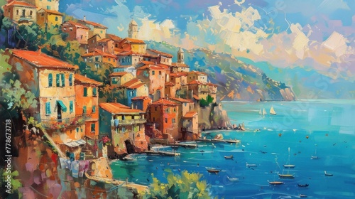 Mesmerizing Mediterranean cityscape in colorful oil painting.
