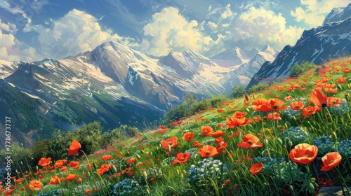 Spring mountainside blanketed with vibrant poppy flowers