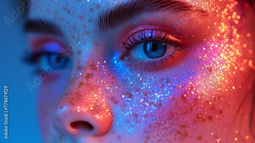 a close up of a woman's face with glitter on her face and a blue sky in the background.