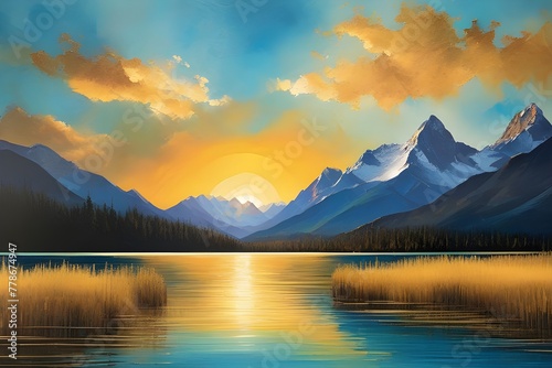  Beautiful painting of mountain lake at sunset