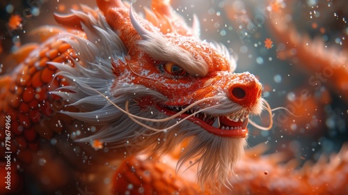 a close up of a dragon with snow on it's face and it's hair blowing in the wind. photo