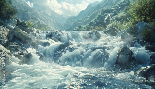 River Rapids, Rushing water cascading over rocks in a mountain river, illustrating the dynamic and ever-changing nature of rivers