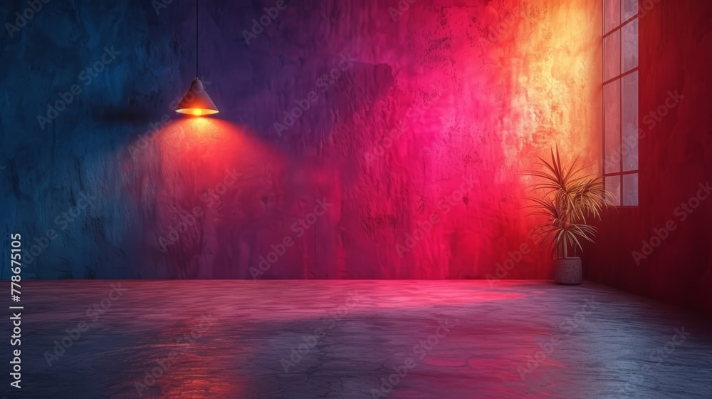 a room with a red and blue wall and a potted plant with a potted plant next to it. a room with a red and blue wall and a potted plant with a potted plant next to it.