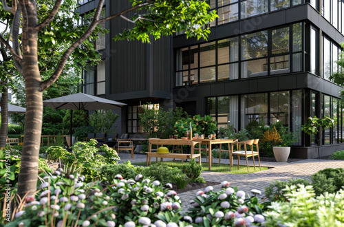 Modern twostory house with black exterior walls, large windows and wooden accents, surrounded by lush greenery © Kien