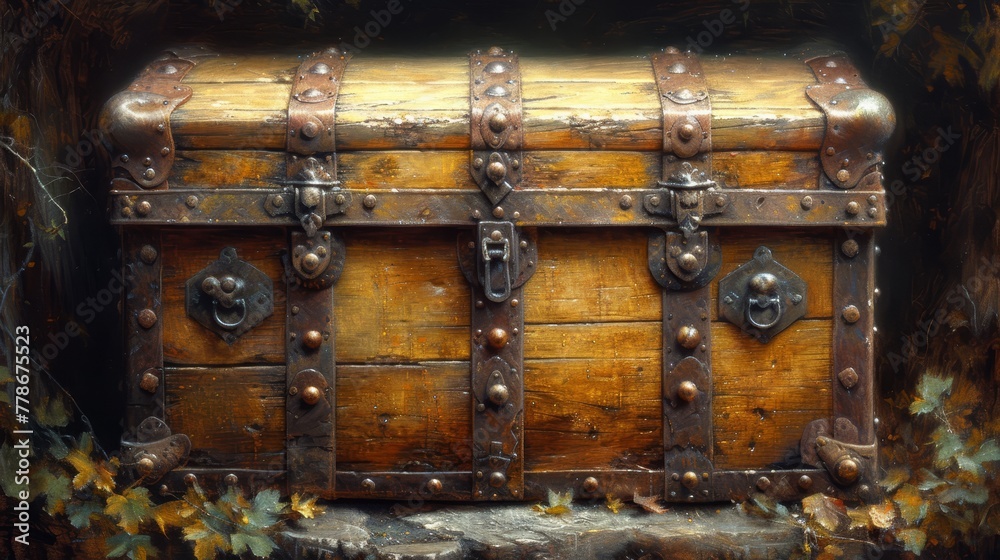 a painting of an old wooden trunk with metal handles and rivets on the sides of the trunk is surrounded by leaves and vines. a painting of an old wooden trunk with metal handles and rivets on the sides of the trunk is surrounded by leaves and vines.