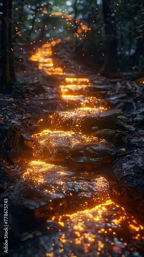 Rivers of liquid light flowing through a dark forest illuminating paths with ethereal glow © AlexCaelus