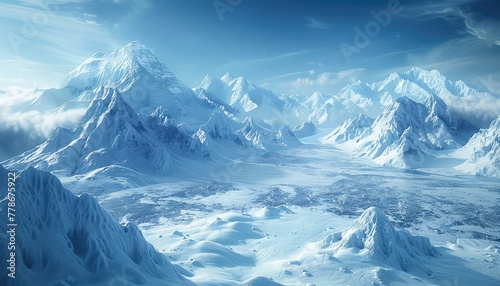 Frozen Glacier Landscape, Ice formations and crevasses of a glacier against a backdrop of snowy mountains, highlighting the stark beauty and fragility of polar regions