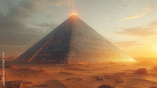 a large pyramid in the middle of a desert with a bright light coming out of the top of the pyramid.