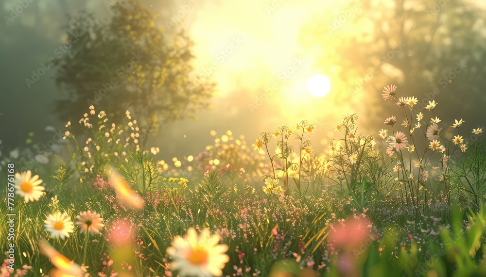 Meadow in Bloom, Soft sunlight illuminating a meadow filled with wildflowers, evoking feelings of peace and serenity
