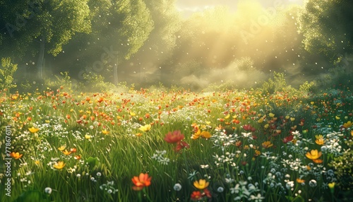 Meadow in Bloom, Soft sunlight illuminating a meadow filled with wildflowers, evoking feelings of peace and serenity