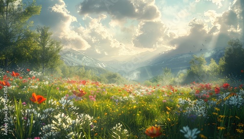 Meadow in Bloom, Soft sunlight illuminating a meadow filled with wildflowers, evoking feelings of peace and serenity