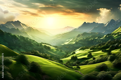  Scenic green valley with mountains and trees, an abstract landscape wallpaper background with gentle hills and rural charm.