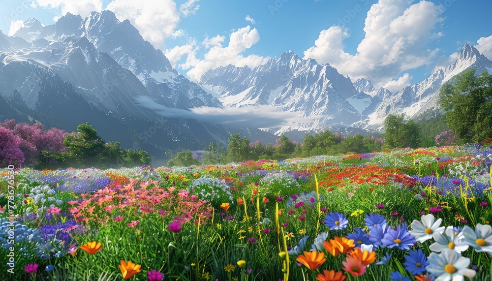 Valley of Flowers, Colorful blooms carpeting a verdant valley floor with towering peaks in the background, symbolizing the abundance and beauty of nature