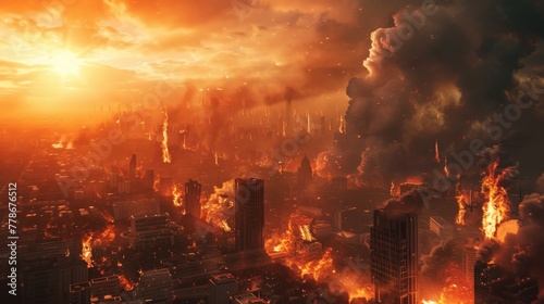 Cityscape engulfed in flames and smoke after a catastrophic nuclear detonation 