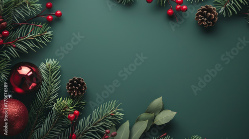 Timeless Christmas corner arrangement with red ornaments, pine cones, and green leaves on a teal background