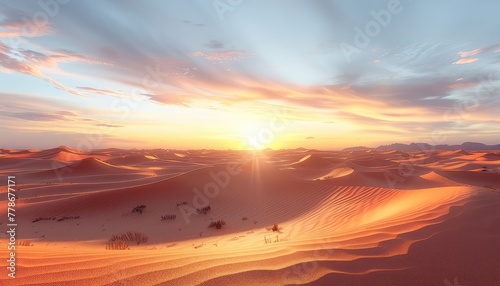 Desert Dunes at Dusk, Dramatic shadows cast across rolling sand dunes as the sun sets, capturing the mystery and vastness of the desert landscape © Tangtong