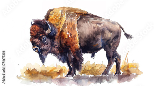 Bison in watercolour Isolated on white background.