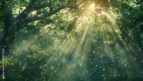 Enchanted Forest  Sunlight filtering through a lush  green forest canopy  creating a magical and ethereal atmosphere
