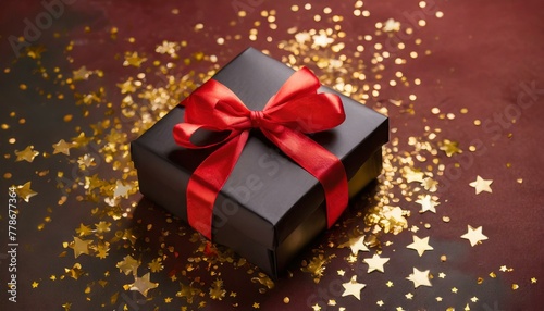 Festive Splendor: Black Gift Box with Red Ribbon Surrounded by Golden Confetti