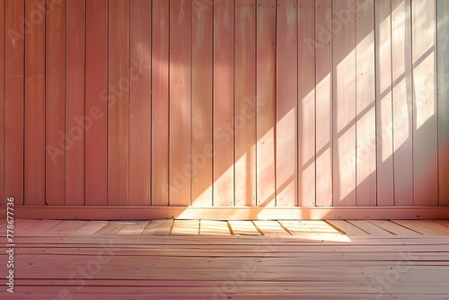 Abstract Design Background, the sun is hitting the wall in a wooden paneled room, in the style of light pink and light beige. For Design, Background, Cover, Poster, Banner, PPT, KV design, Wallpaper photo