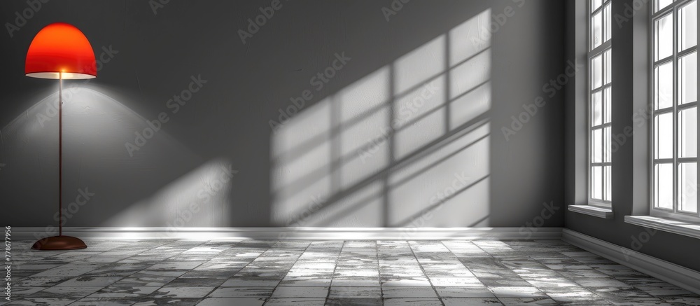 A room adorned with a grey lamp fixture and wooden flooring, casting shadows from the window. Tints and shades create a monochrome photography effect - obrazy, fototapety, plakaty 