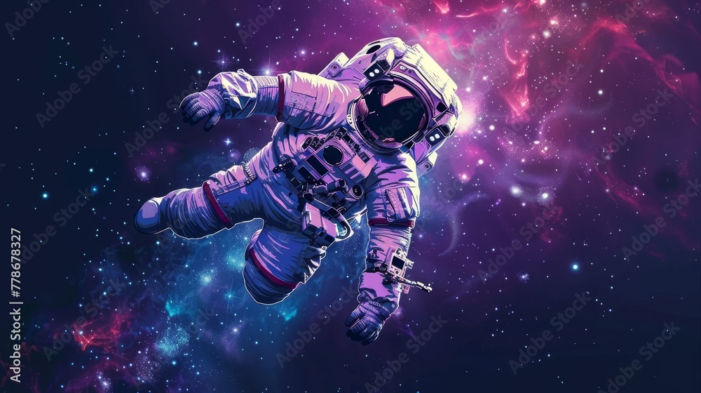 Vintage styled graphic with Astronaut wearing spacesuit floating in galactic void.