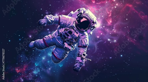 Vintage styled graphic with Astronaut wearing spacesuit floating in galactic void.