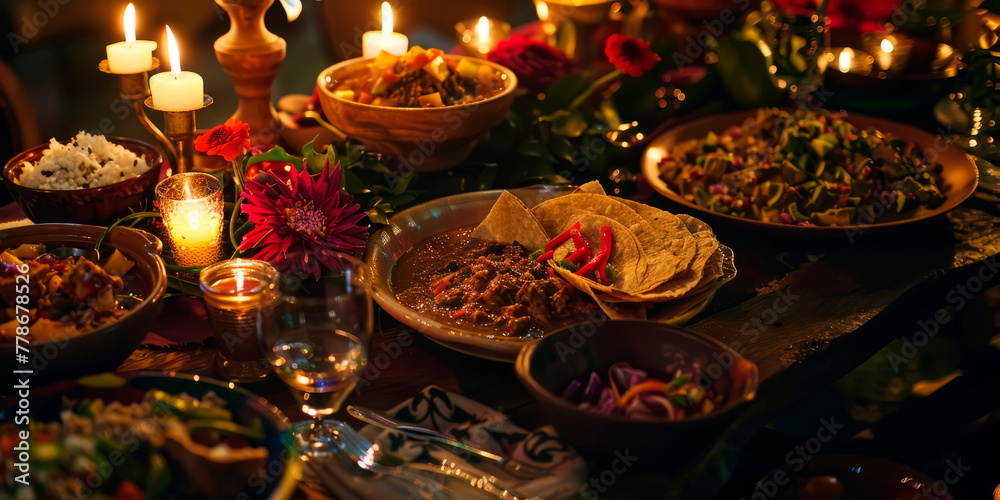 festive Mexican fiesta table adorned with dishes like pozole, mole, and chiles en nogada.