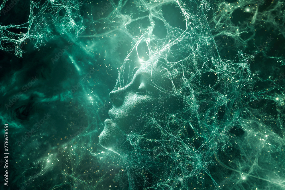A green, glowing face is surrounded by a cloud of green, swirling particles