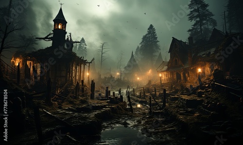 Creepy Village With Clock Tower at Night