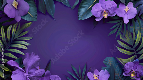 A stunning image showcasing a beautiful arrangement of purple orchids with green leaves against a dark backdrop