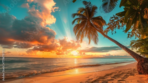 Palm Tree on Beach at Sunset © BrandwayArt