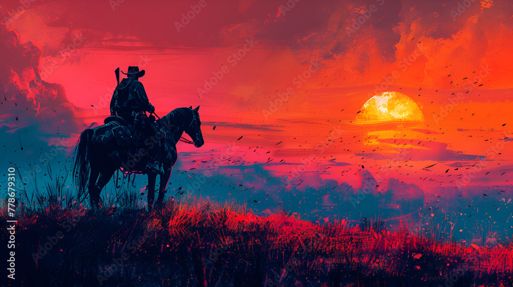 Cowboy riding horse at sunset Vintage style digital art, generative Ai