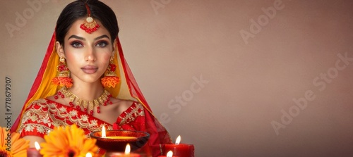 Beautiful lovely young Indian woman in traditional attire, on soft color background. Place for text. Religion and culture. For banners, backgrounds, posters, adverts, blogs. Close-up. Divali. Ugadi.