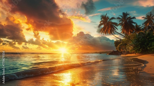 Sunset on a Tropical Beach With Palm Trees