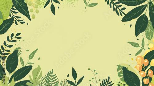 A vibrant yellow background surrounded by a fresh green leafy border giving a feeling of nature and spring
